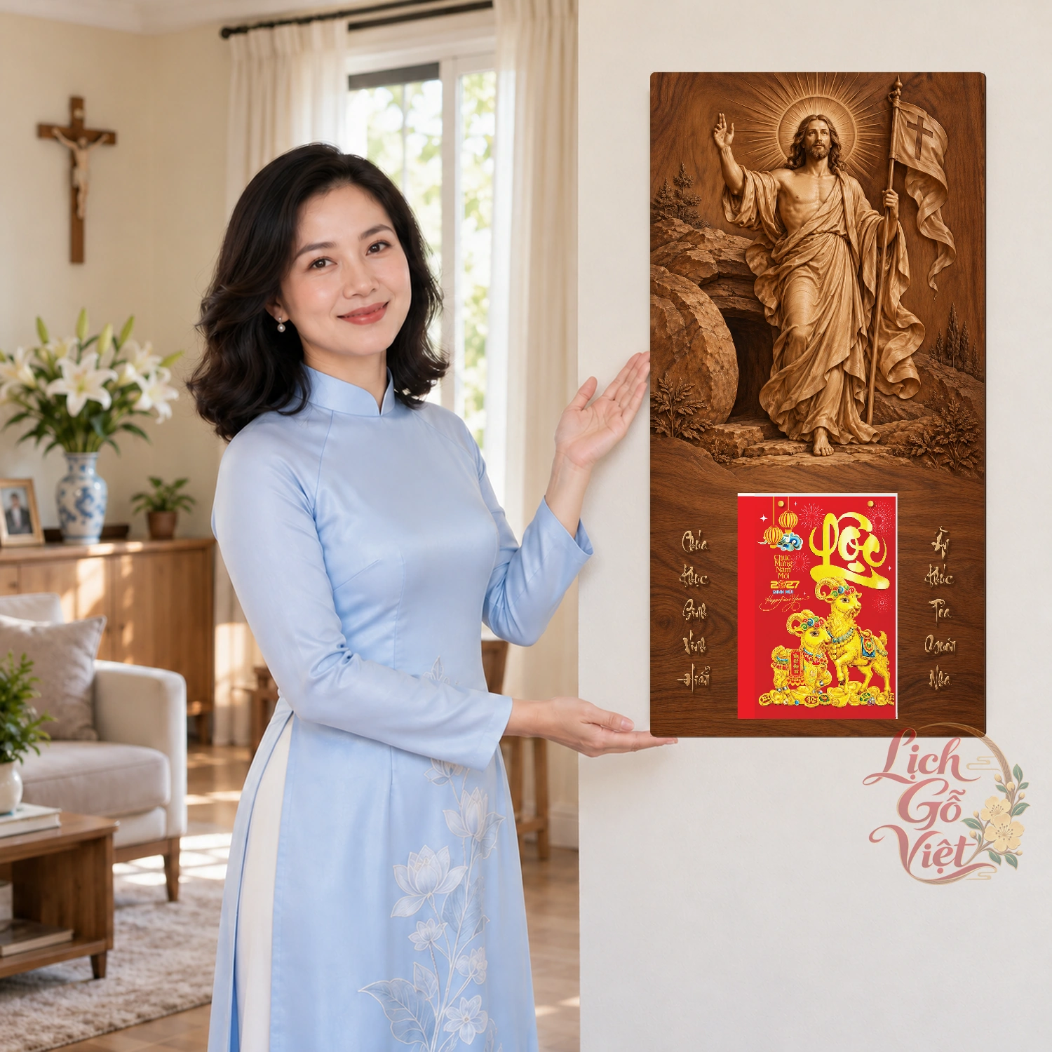 Lịch gỗ Công giáo Mừng Chúa Phục Sinh - Walnut 3D 30x60cm - CG27-15 – ảnh 4