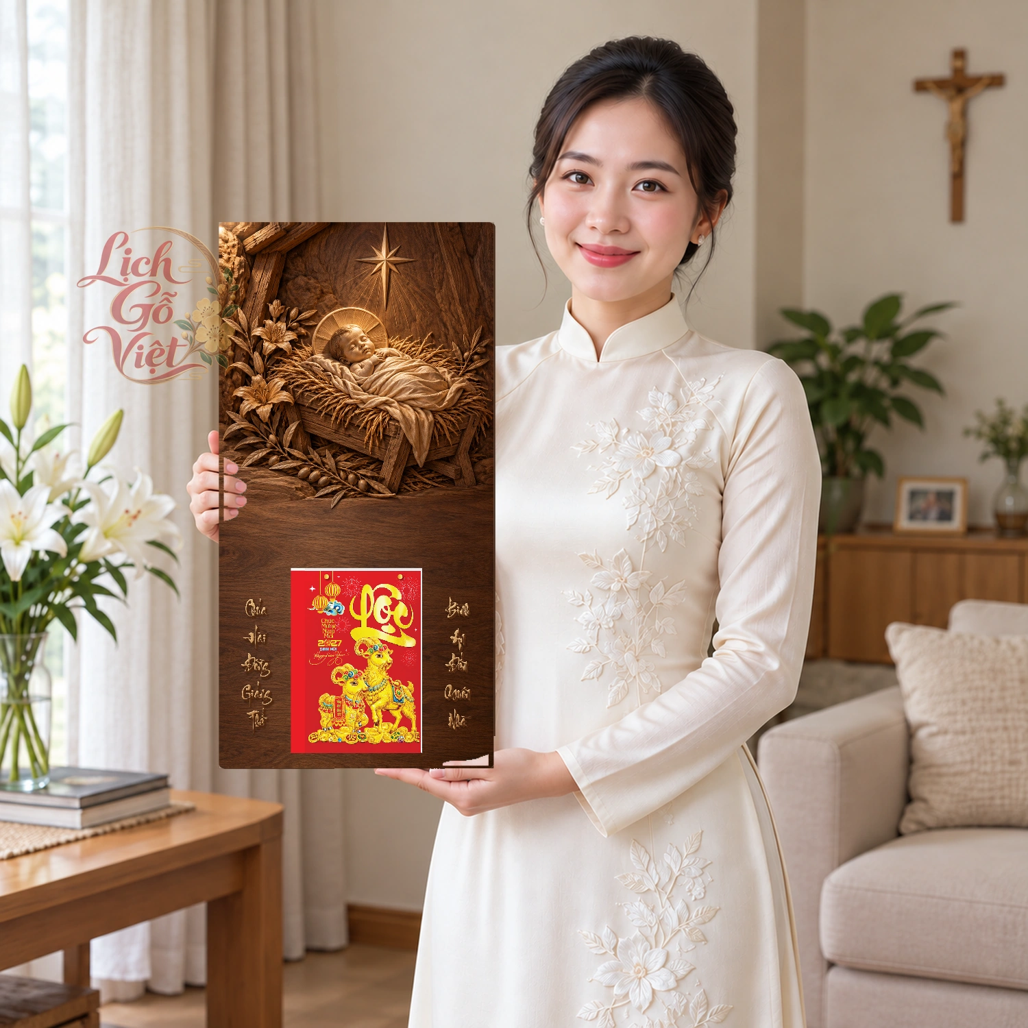 Lịch gỗ Công giáo Chúa Hài Đồng Giáng Sinh - Walnut 3D 30x60cm - CG27-18 – ảnh 3
