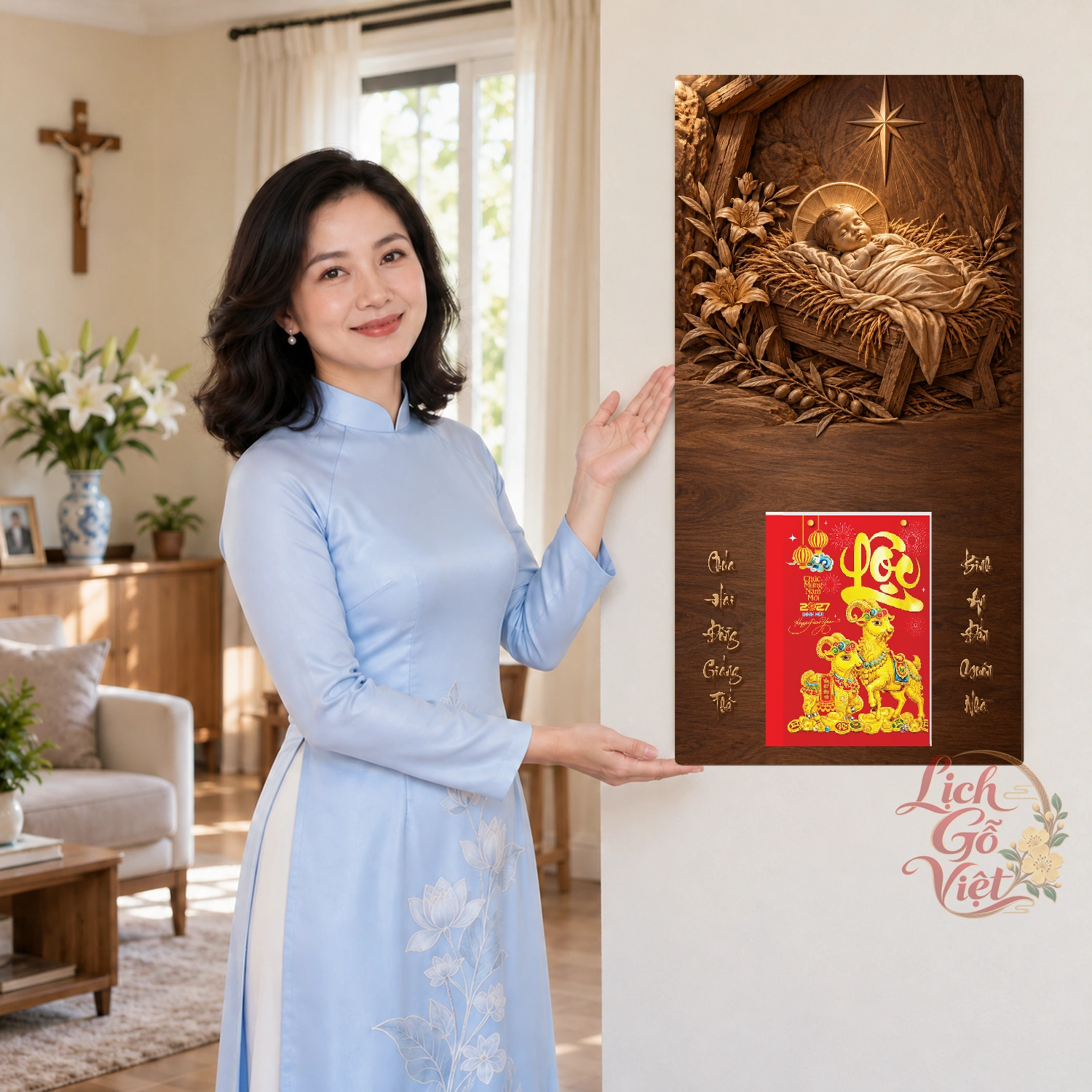 Lịch gỗ Công giáo Chúa Hài Đồng Giáng Sinh - Walnut 3D 30x60cm - CG27-18 – ảnh 4