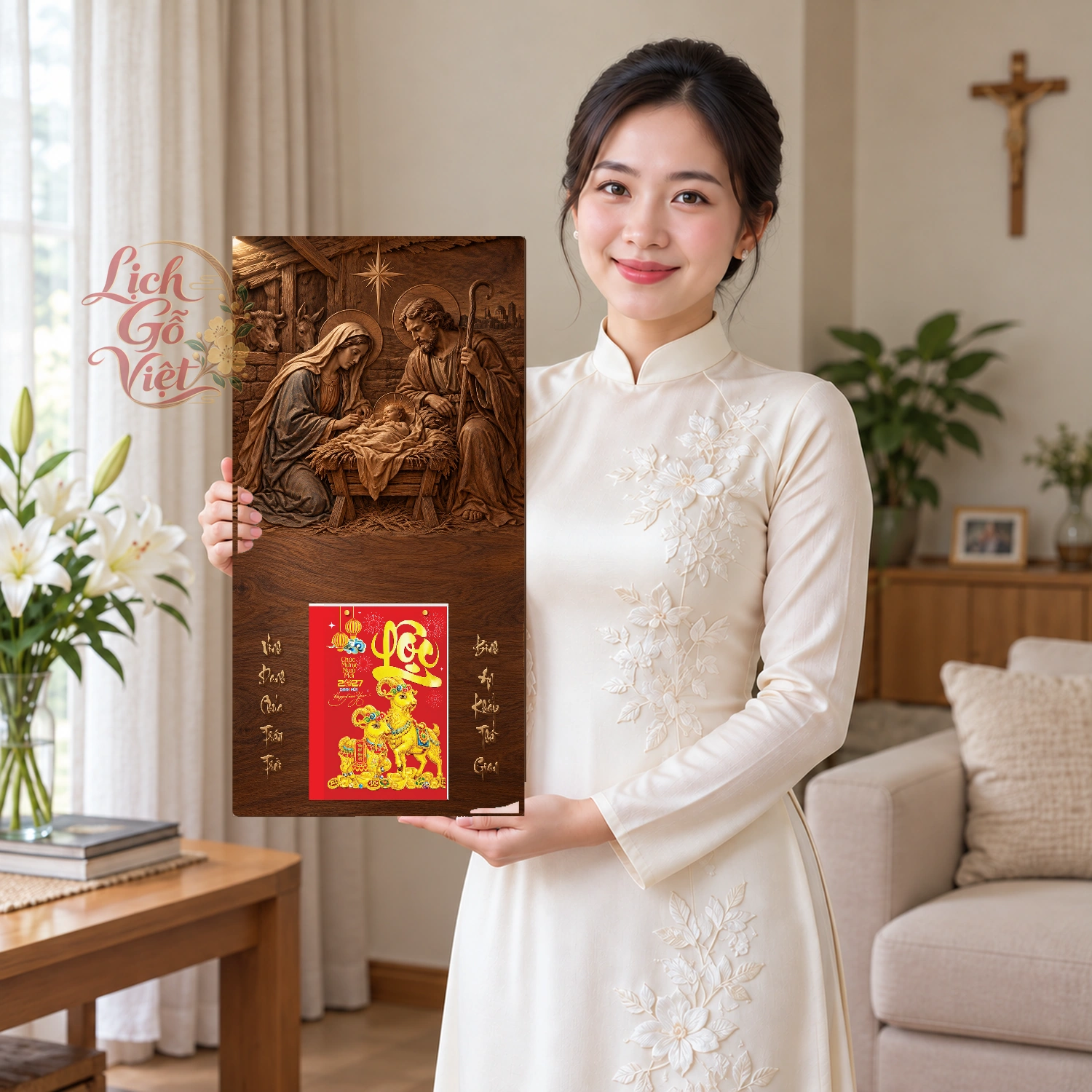 Lịch gỗ Công giáo Mừng Giáng Sinh – Hang đá Bêlem - Walnut 3D 30x60cm - CG27-21 – ảnh 3