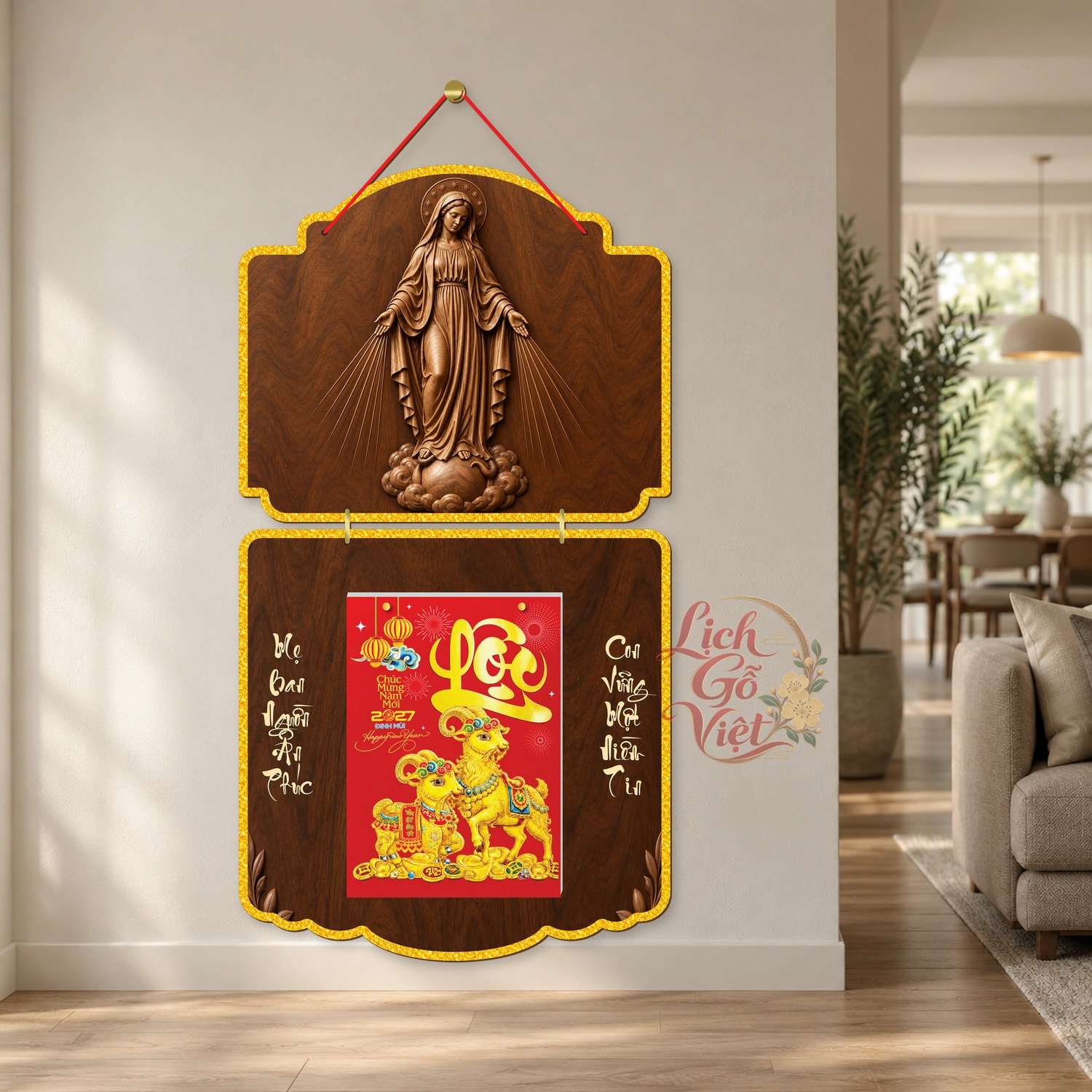 Lịch gỗ Công giáo 2 thân Đức Mẹ ban ơn – Walnut3D – CG27T2-06 — ảnh 2