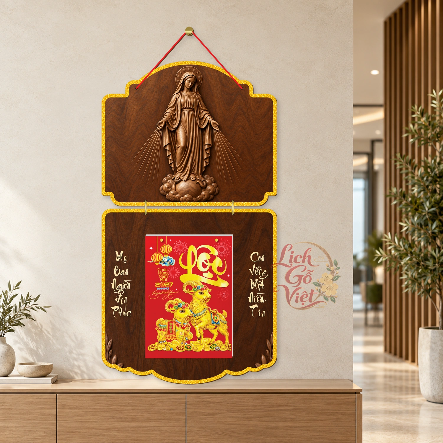 Lịch gỗ Công giáo 2 thân Đức Mẹ ban ơn – Walnut3D – CG27T2-06 — ảnh 3
