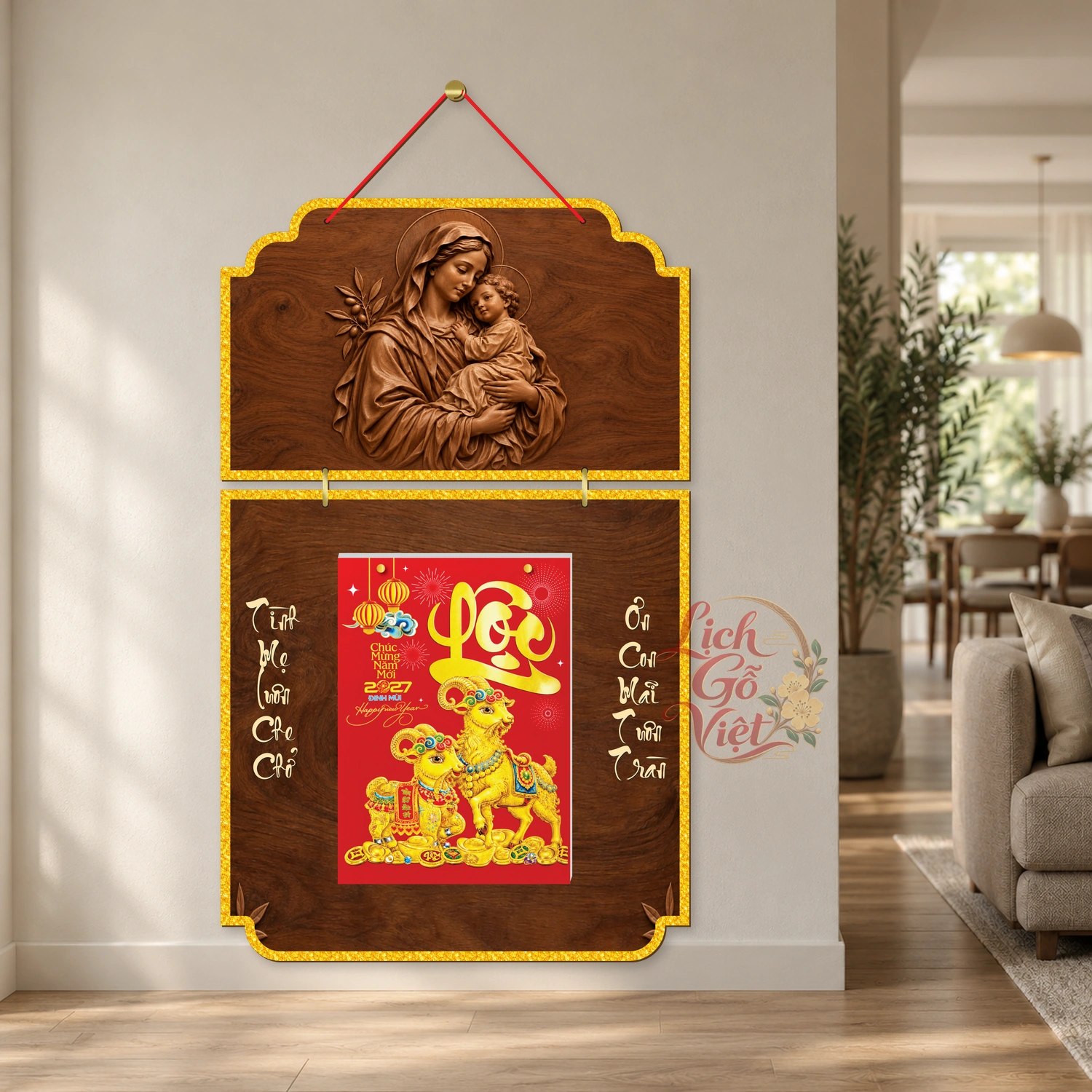 Lịch gỗ Công giáo 2 thân Đức Mẹ bồng Chúa – Walnut3D – CG27T2-12 — ảnh 2