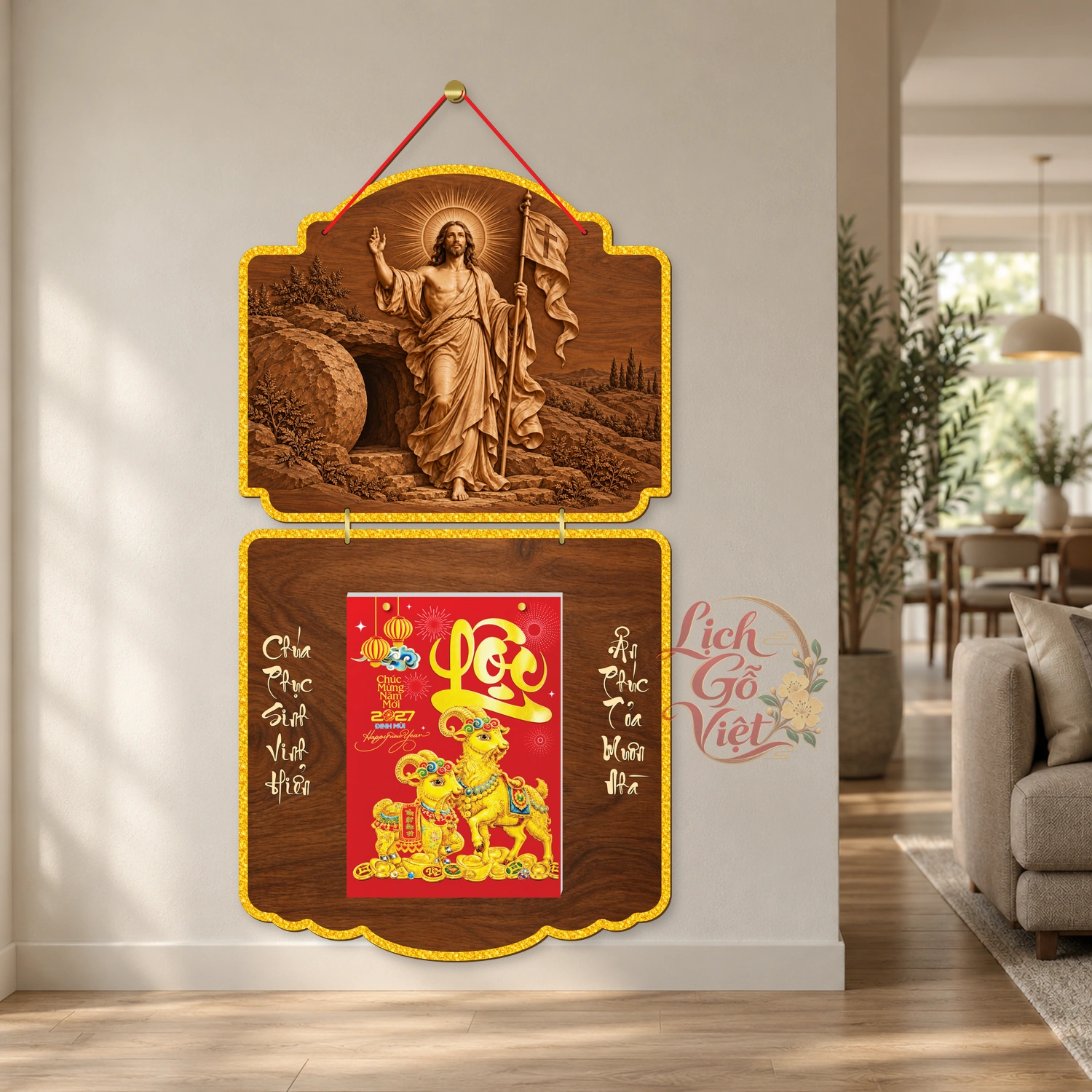 Lịch gỗ Công giáo 2 thân Mừng Chúa Phục Sinh – Walnut 3D – CG27T2-15 — ảnh 2