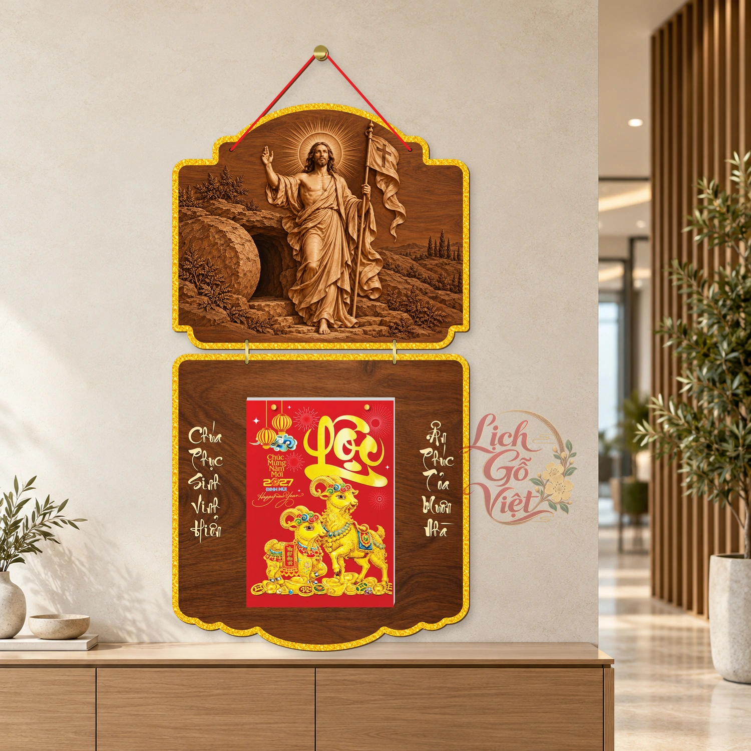 Lịch gỗ Công giáo 2 thân Mừng Chúa Phục Sinh – Walnut 3D – CG27T2-15 — ảnh 3