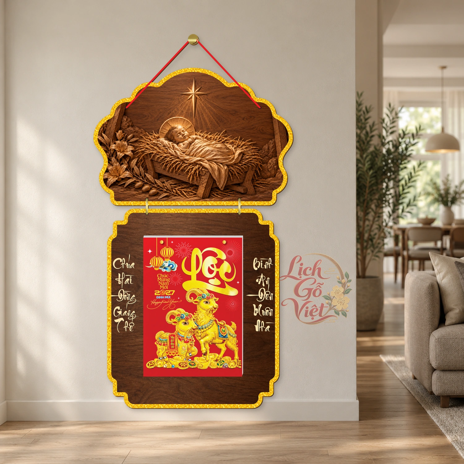 Lịch gỗ Công giáo 2 thân Chúa Hài Đồng Giáng Sinh – Walnut 3D – CG27T2-18 — ảnh 2