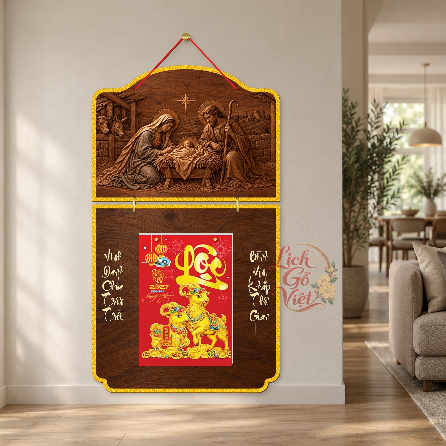Lịch gỗ Công giáo 2 thân Mừng Giáng Sinh – Hang đá Bêlem – Walnut 3D – CG27T2-21 — ảnh 2