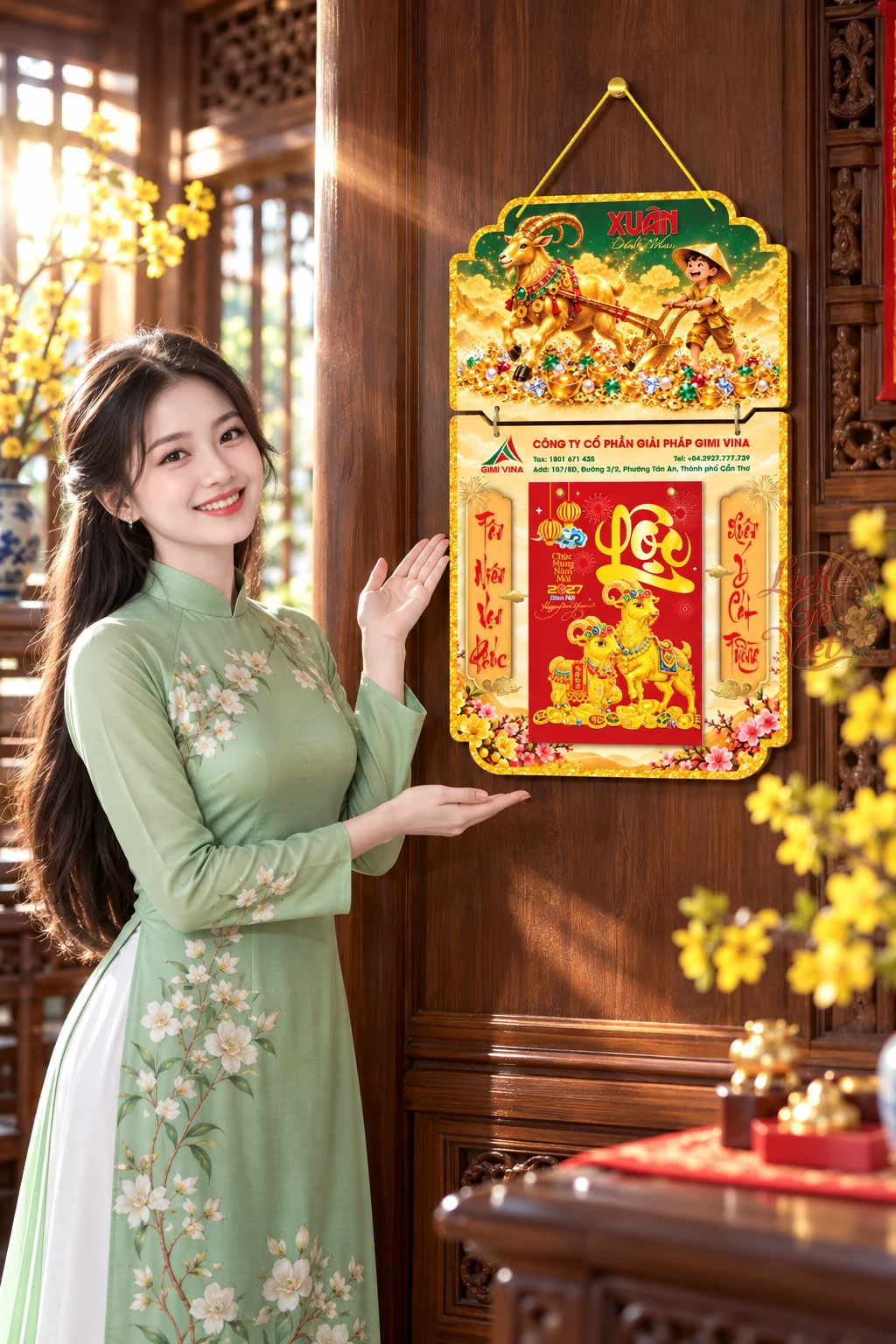 Lịch gỗ 2 thân 2027 Xuân Đinh Mùi – Dê Vàng Khai Xuân LGV27T2-08 — ảnh 3