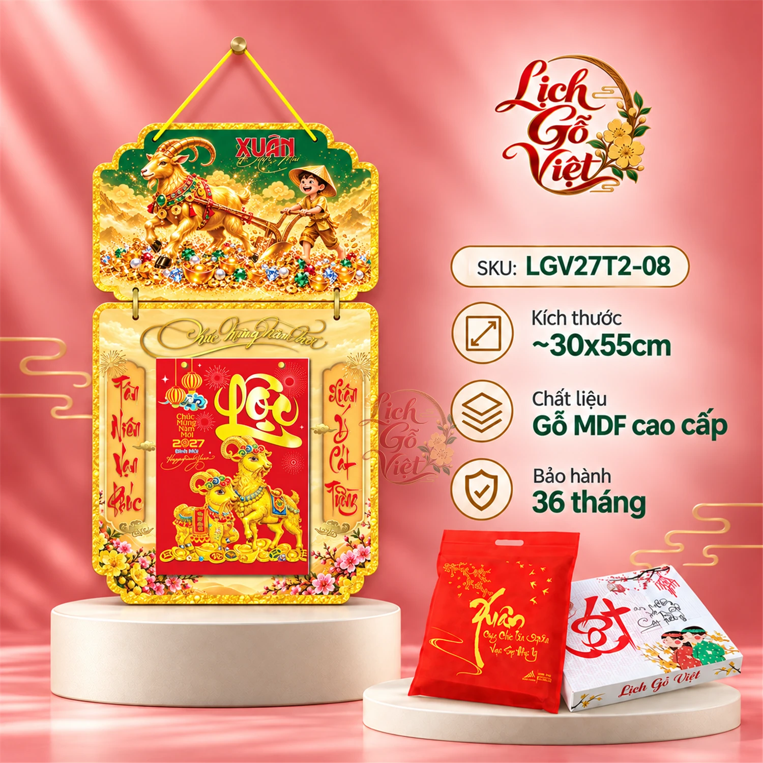Lịch gỗ 2 thân 2027 Xuân Đinh Mùi – Dê Vàng Khai Xuân LGV27T2-08