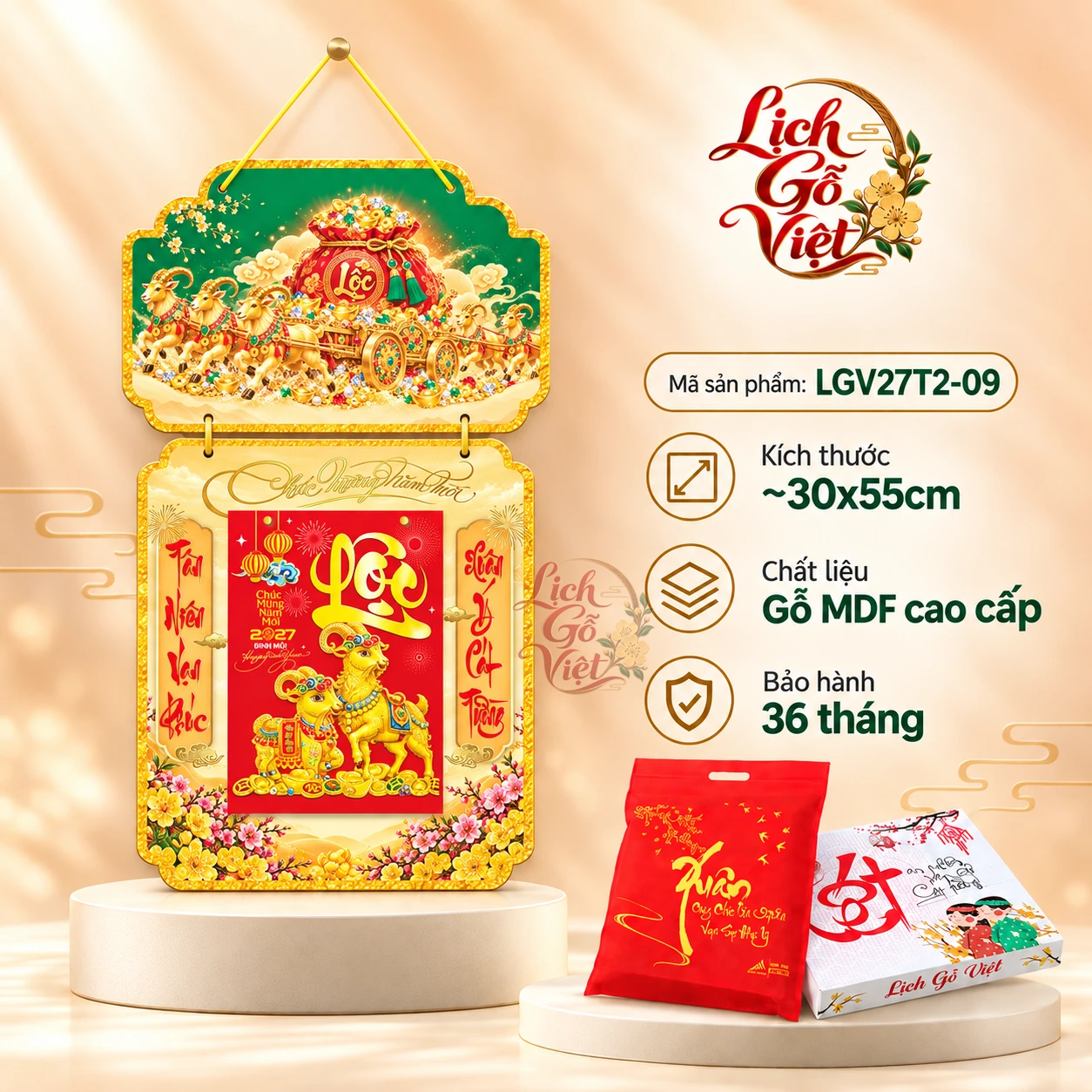 Lịch gỗ 2 thân 2027 Chữ Lộc Hoa Mai LGV27T2-09